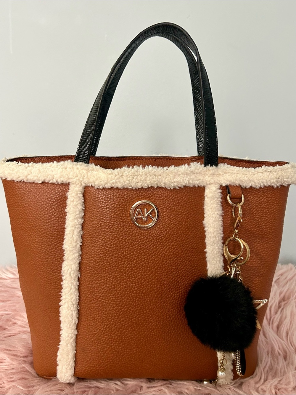Anne Klein Brown Tote with Cream Shearling Trim and Black Handles
